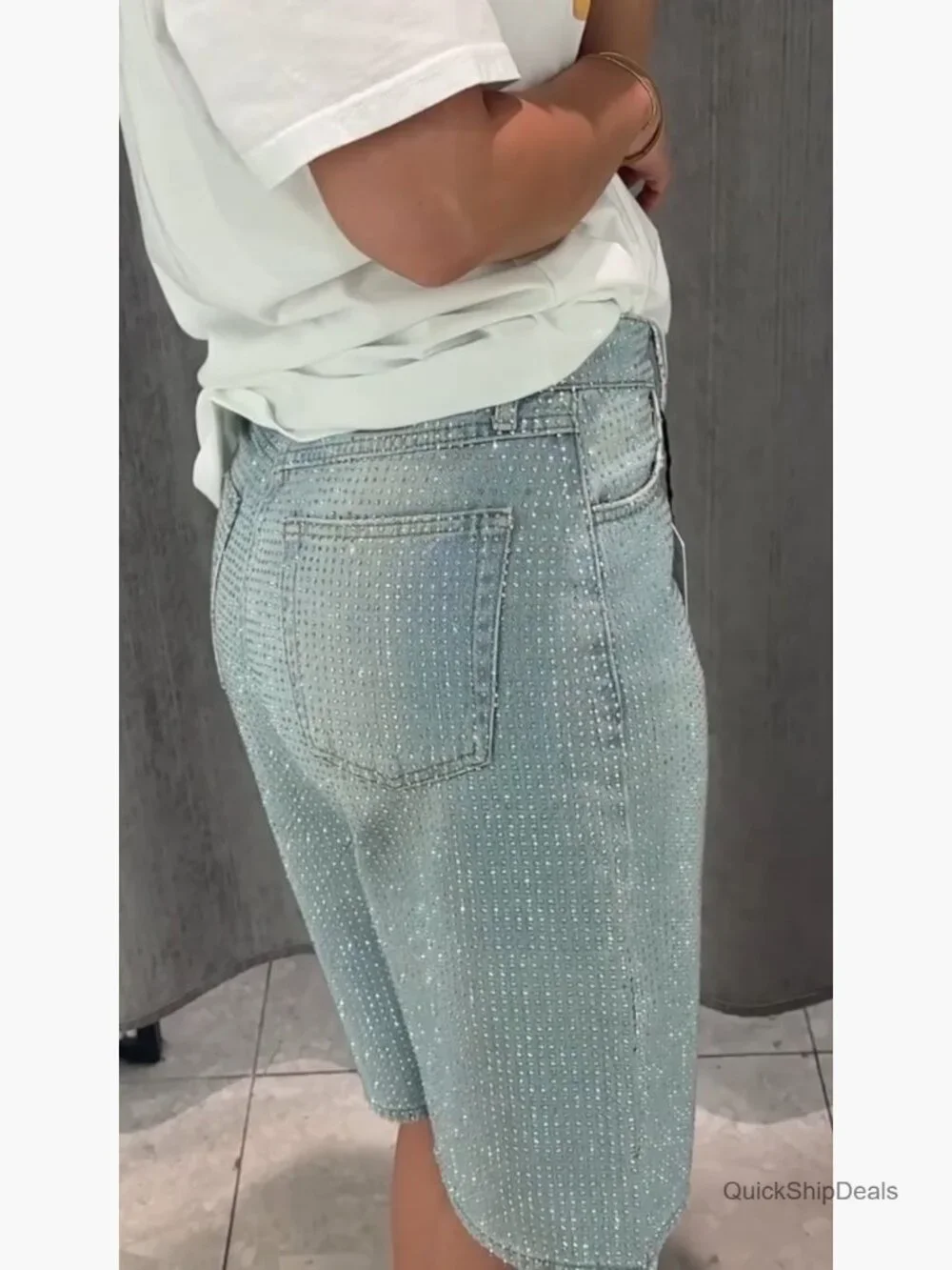 High Waisted Rhinestone Straight Leg Jean Shorts Baggy Denim Jorts